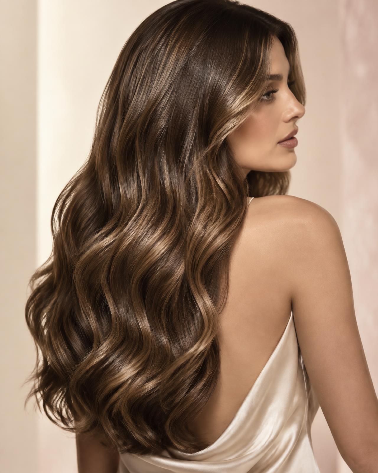 Long glossy brunette hair styled in polished waves